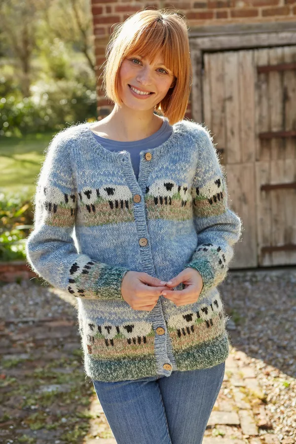 Hazy Sheep Cardigan Pachamama Womens hand knitted mohair wool blend cardigan  jumper, with white sheep farm animal patterns. Very soft material. Fair  trade and handmade in Nepal.