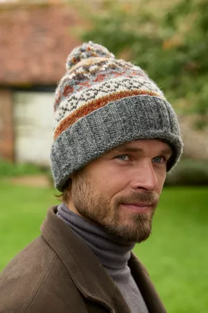 Pachamama Men's Wool Beanie Skull Hat Fleece Lined Hand-knitted Charcoal Fairisle One-Size Handmade Skull Cap Extra Warm Fair Trade, Charcoal, L/One Size, Charcoal - View #8