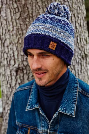Mens Classic Fairisle Bobble Beanie Grey Pachamama Men\'s hand knitted wool bobble  hat with fair isle pattern. A traditional bobble beanie. Fair trade and  handmade in