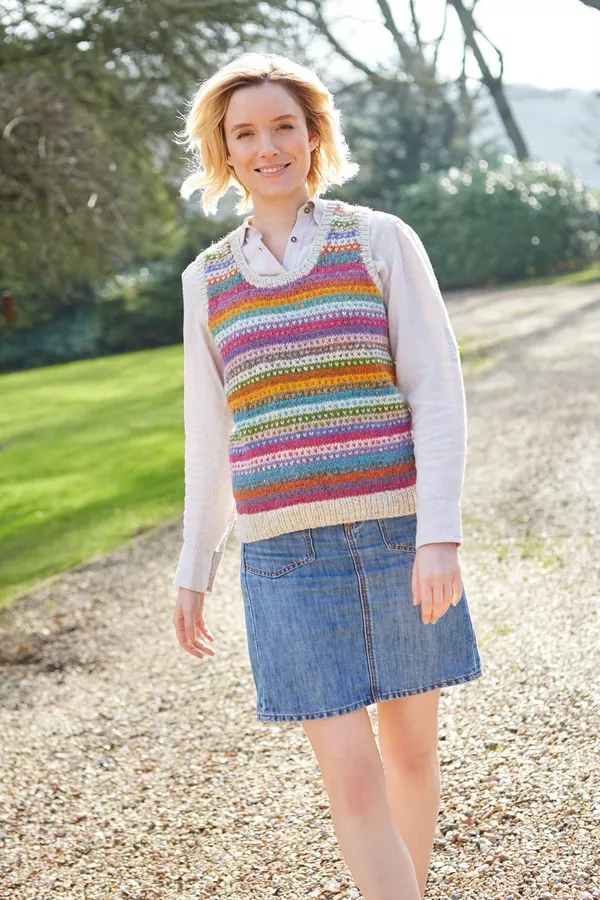 Villarica Tank Top Pachamama womens hand knit wool jumper tank top. Colourful pink stripe knitted wool tank top. Fair trade and handmade in Nepal.