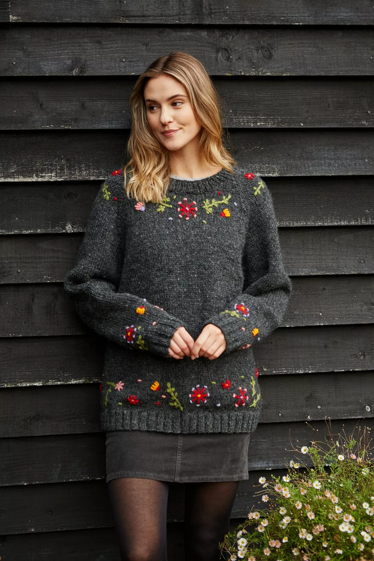 Lugano sweater with hand embroidered with flowers, wool 